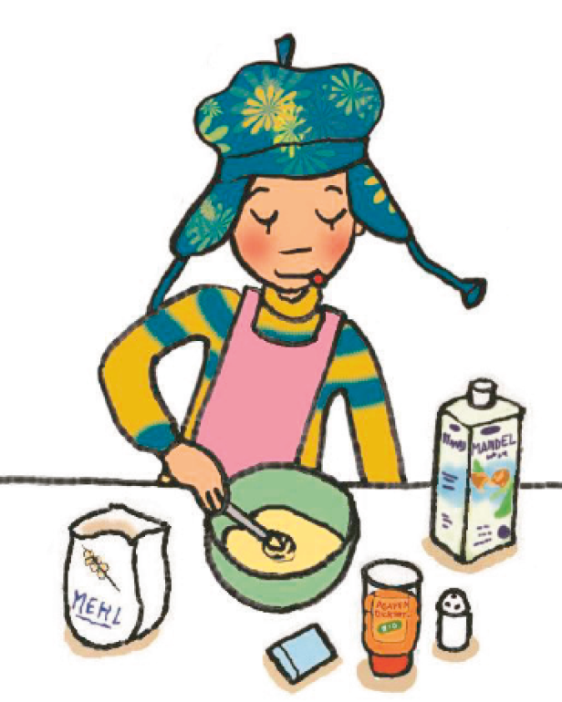 Eine Illustration zeigt ein Kind, das Teig in einer Schüssel rührt, umgeben von Zutaten wie Mehl und Mandelmilch.