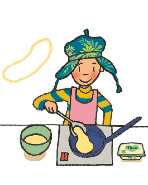 Ein Kind mit Mütze backt Pfannkuchen in einer blauen Pfanne.
