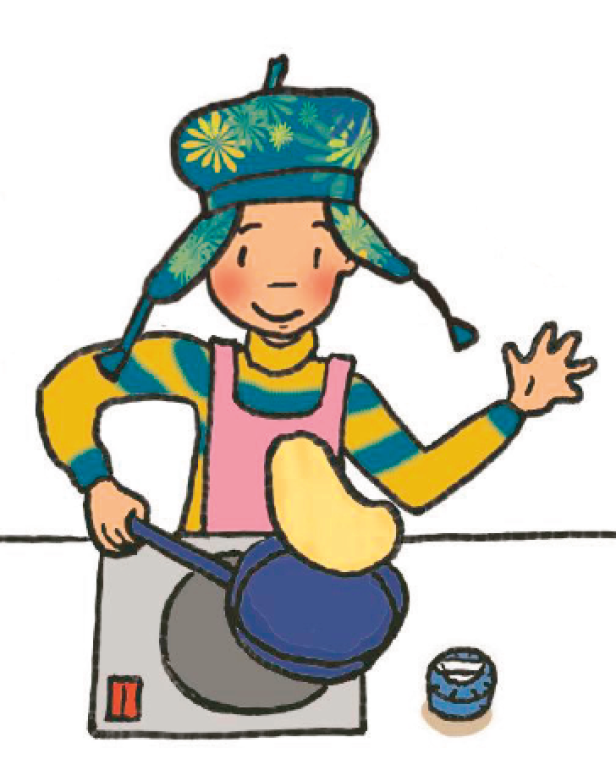 Eine Illustration eines Kindes, das einen Pfannkuchen in einer Pfanne wendet.