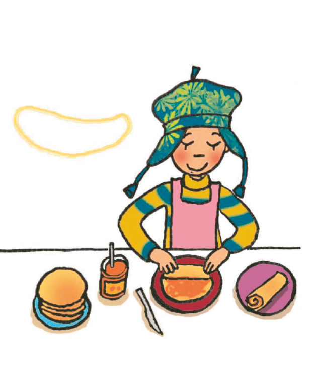 Eine Illustration zeigt ein Kind, das Pfannkuchen zubereitet.