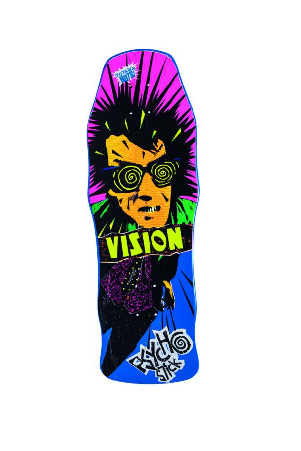 Ein Skateboard der Marke Vision mit dem Aufdruck „Psycho Stick“.