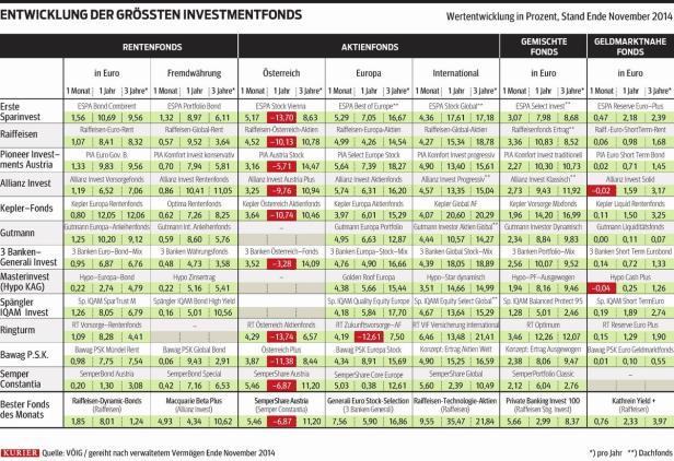 Eine Tabelle mit der Entwicklung verschiedener Investmentfonds, Stand November 2014.