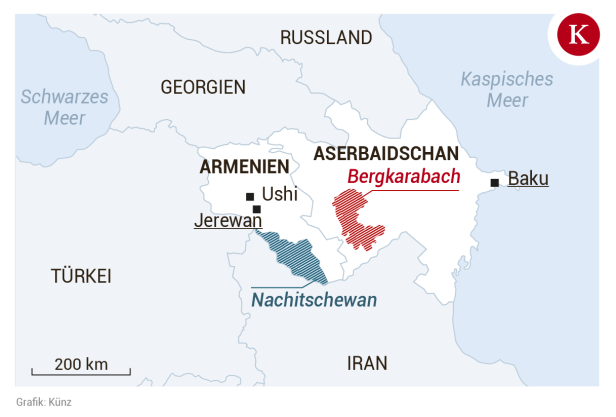 Hier liegt die seit Jahrzehnten umkämpfte Region Bergkarabach. Auch um Nachitschewan wird gekämpft. 