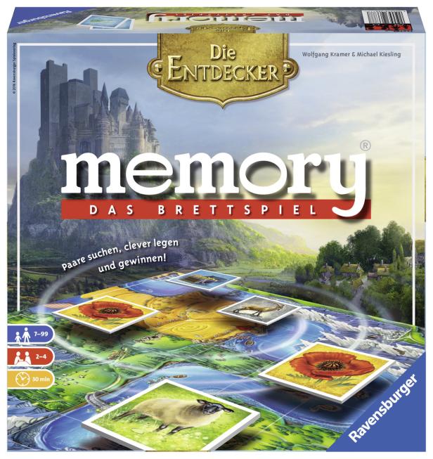 Das Cover des Ravensburger-Brettspiels „Die Entdecker Memory“ mit Landschaftsmotiven.