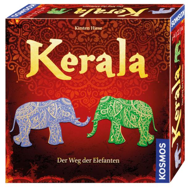 Die Verpackung des Brettspiels „Kerala: Der Weg der Elefanten“ von Kosmos mit zwei Elefanten darauf.