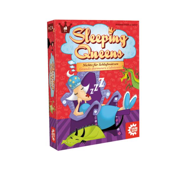 Die Schachtel des Brettspiels „Sleeping Queens“ mit einer schlafenden Königin auf einem Thron.