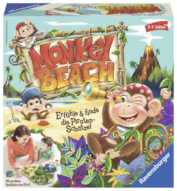 Die Verpackung des Kinderspiels „Monkey Beach“ von Ravensburger mit einem Piraten-Affen.