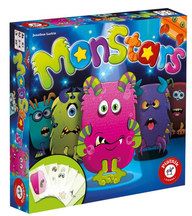 Die Verpackung des Spiels „Monstars“ mit bunten Monstern und dem Piatnik-Logo.