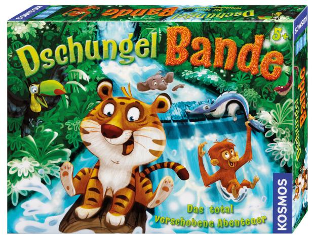 Die Verpackung des Kinderspiels „Dschungel Bande“ mit einem Tiger, einem Affen und anderen Dschungeltieren.