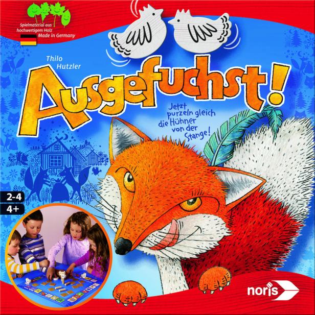 Das Cover des Brettspiels „Ausgefuchst!“ mit einem Fuchs und spielenden Kindern.