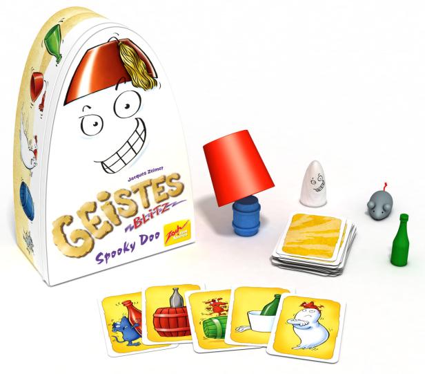Das Spiel „Geistesblitz“ mit Spielkarten, einer Lampe, einer Flasche, einer Maus und einer Geisterfigur.
