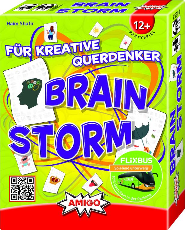 Die Verpackung des Partyspiels „Brainstorm“ für kreative Querdenker von Amigo mit Flixbus-Gutschein.