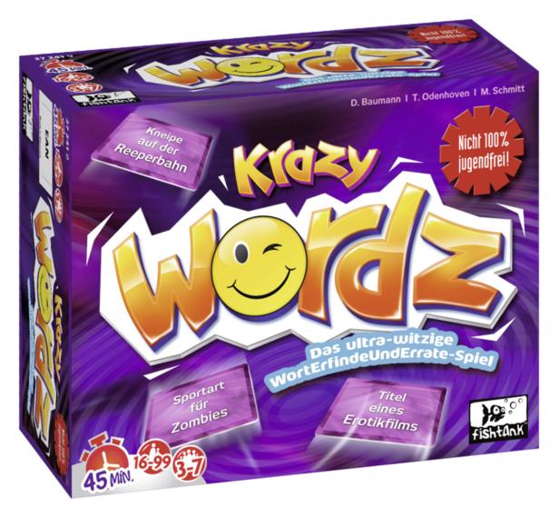 Die Verpackung des Spiels „Krazy Wordz“, ein Wortfindungs- und Erratespiel.