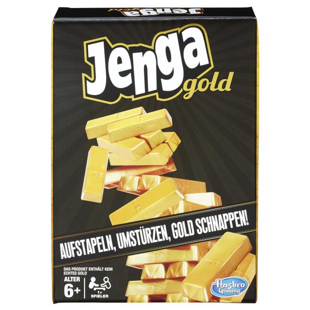 Die Verpackung des Spiels „Jenga Gold“ mit goldenen Spielsteinen.