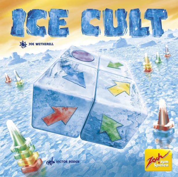 Das Cover des Brettspiels „Ice Cult“ zeigt Eiswürfel mit farbigen Pfeilen und kleine Kegel auf einer Eisfläche.