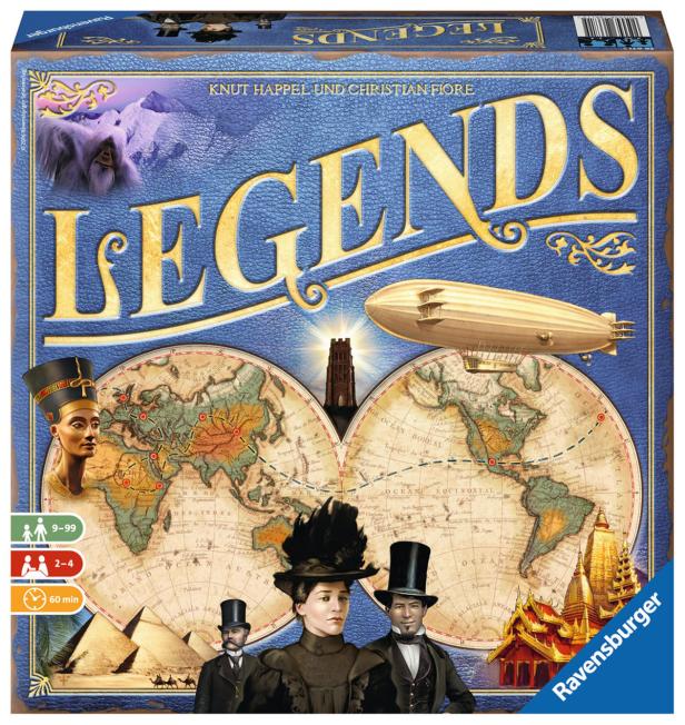Das Cover des Brettspiels „Legends“ von Ravensburger zeigt eine Weltkarte und historische Figuren.