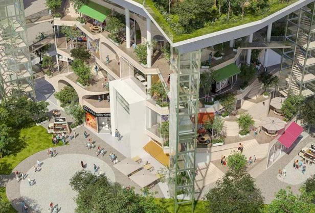 Eine architektonische Visualisierung eines multifunktionalen Turms von Shigeru Ban in Tirana.