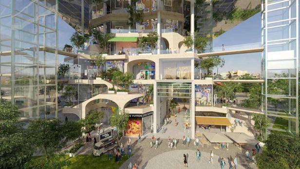 Eine architektonische Visualisierung eines multifunktionalen Turms mit Geschäften und Grünflächen in Tirana.