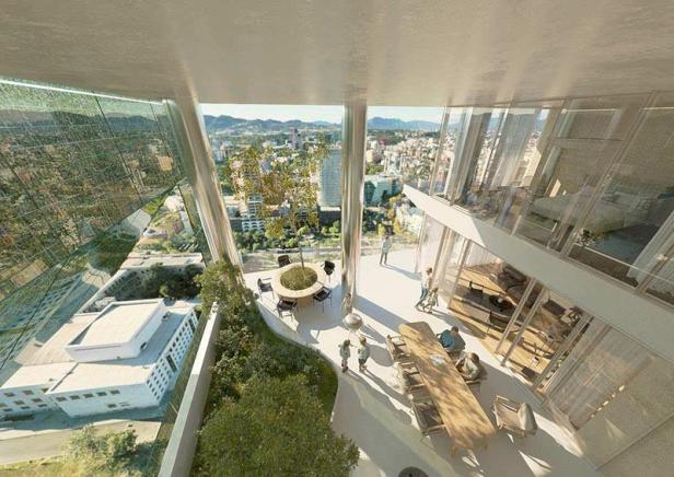 Ein Blick von oben auf den Multifunktionsturm von Shigeru Ban in Tirana.