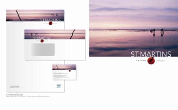 Briefpapier, Visitenkarte und Umschlag von St. Martins Therme Lodge.