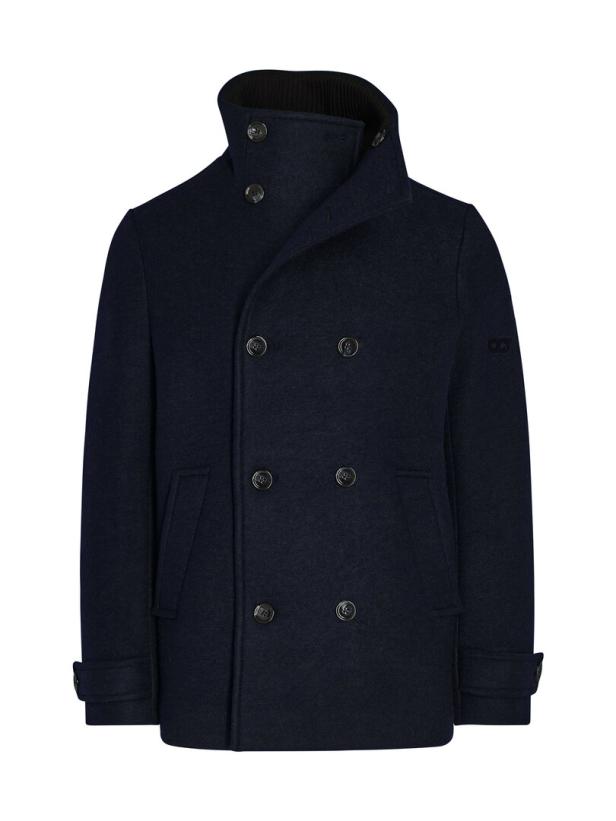 Eine dunkelblaue Cabanjacke mit doppelter Knopfleiste.