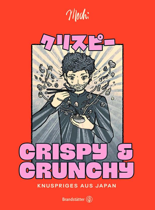 Ein Mann isst mit Stäbchen eine Mahlzeit mit dem Schriftzug „Crispy & Crunchy“.