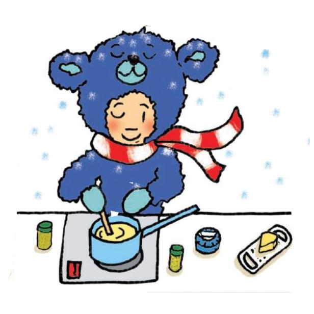Ein Kind im Bärenkostüm kocht mit einem Schneebesen in einem Topf.