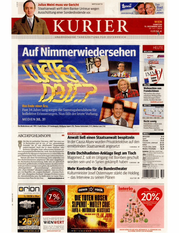 Titelseite des Kurier vom 13. Dezember 2014 mit Artikeln zu verschiedenen Themen.