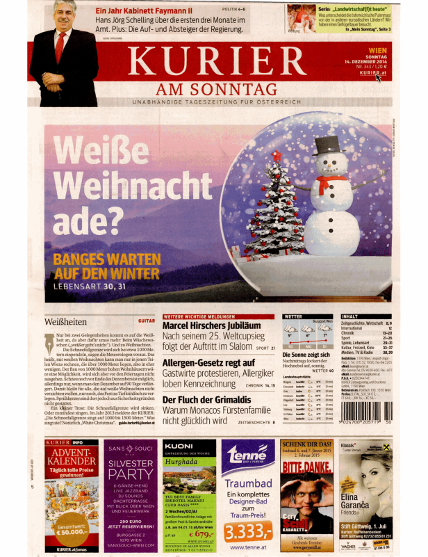 Titelseite des Kurier am Sonntag mit einer Schneekugel und der Frage „Weiße Weihnacht ade?“.