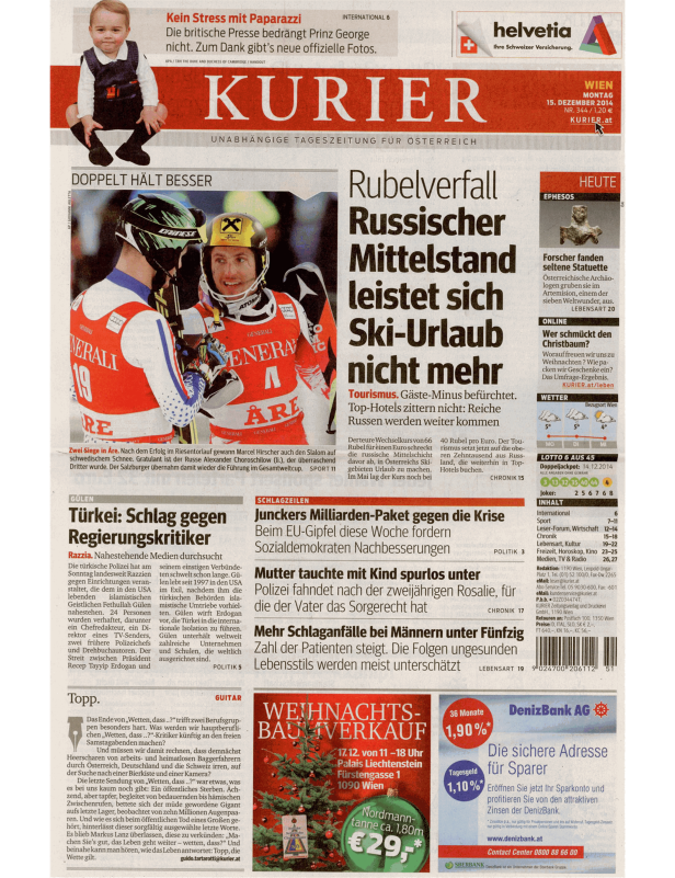 Titelseite des Kurier vom 15. Dezember 2014 mit Nachrichten und Anzeigen.