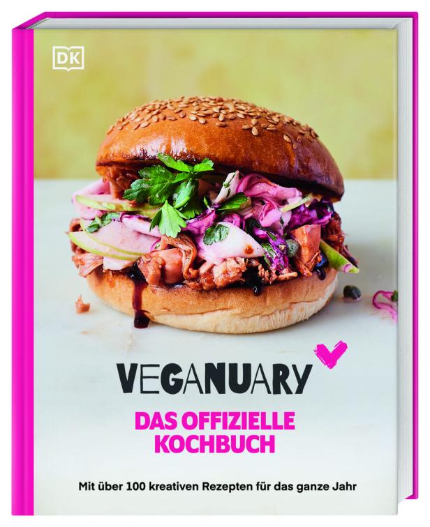 Das Cover des Kochbuchs „Veganuary – Das offizielle Kochbuch“ mit einem Burger als Titelbild.