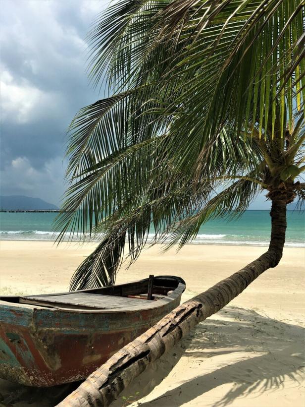 Ein altes Boot liegt am Strand unter einer geneigten Palme.