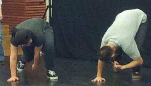 Zwei Personen machen eine Übung, bei der sie sich mit Händen und Füßen auf dem Boden abstützen.