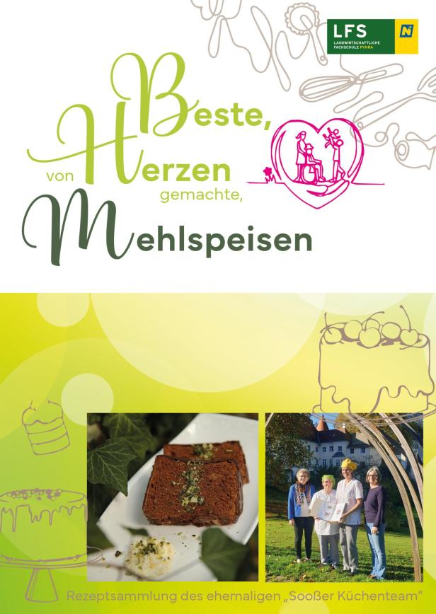 Das Cover einer Rezeptsammlung mit dem Titel „Beste, von Herzen gemachte, Mehlspeisen“.
