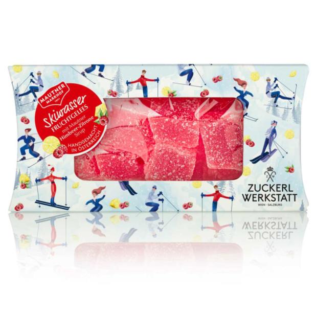 Eine Packung „Skiwasser“ Fruchtgelees der Zuckerl Werkstatt mit Himbeer-Zitrone-Geschmack.