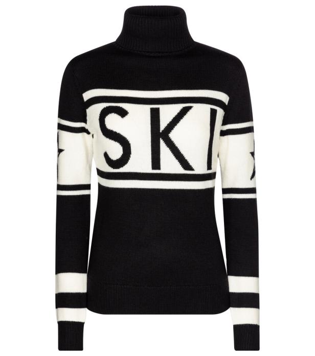 Ein schwarzer Rollkragenpullover mit dem Wort „SKI“ in weißen Buchstaben.