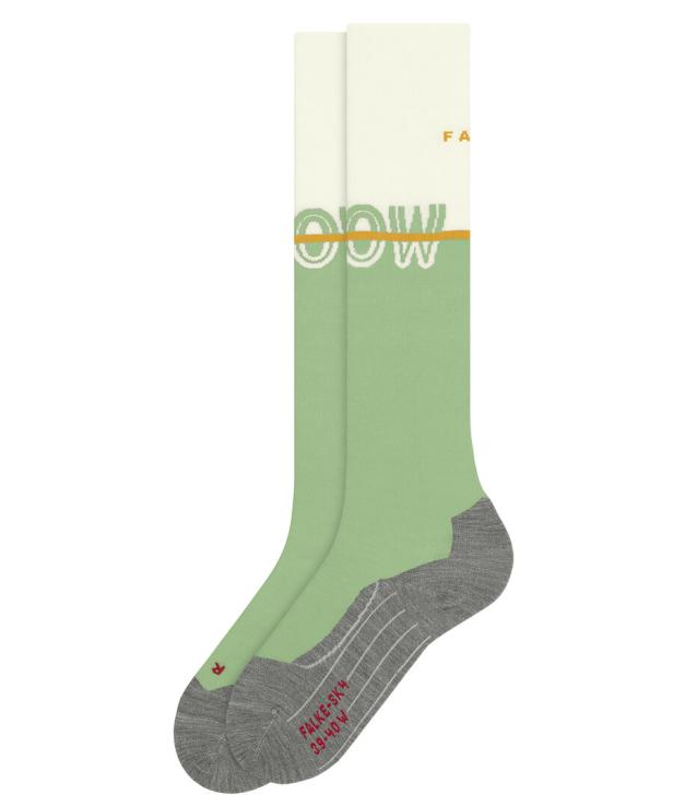 Ein Paar hellgrüne FALKE-Socken mit grauen Verstärkungen an Ferse und Zehen.