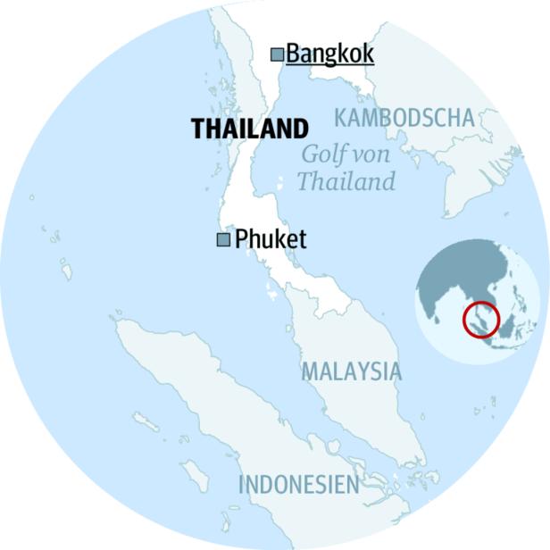 Eine Karte von Thailand und Südostasien mit Bangkok und Phuket markiert.