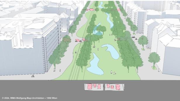 60.000 Quadratmeter große Grünfläche vom Haydnpark zum Bruno-Kreisky-Park. Autospuren wandern mittig in den Untergrund