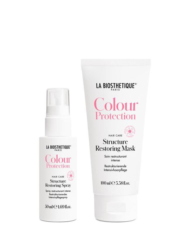 Ein Spray und eine Maske von La Biosthétique für den Farbschutz und die Haarstruktur.