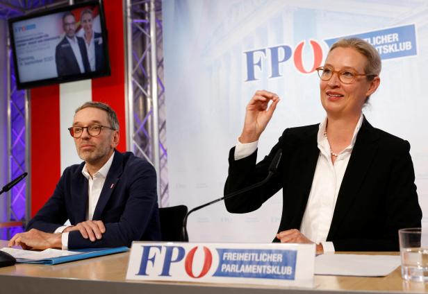 Austrian head of Freedom Party Kickl and Weidel, co-leader of the Alternative for Germany party, attend a press conference in Vienna