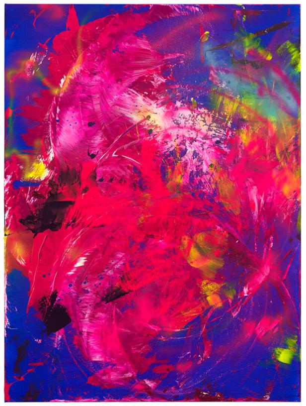Ein abstraktes Gemälde mit lebhaften Farben wie Pink, Blau und Gelb.