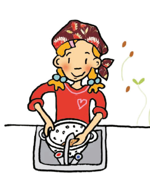 Ein Mädchen mit Kopftuch spült Gemüse in einem Sieb über einem Spülbecken.