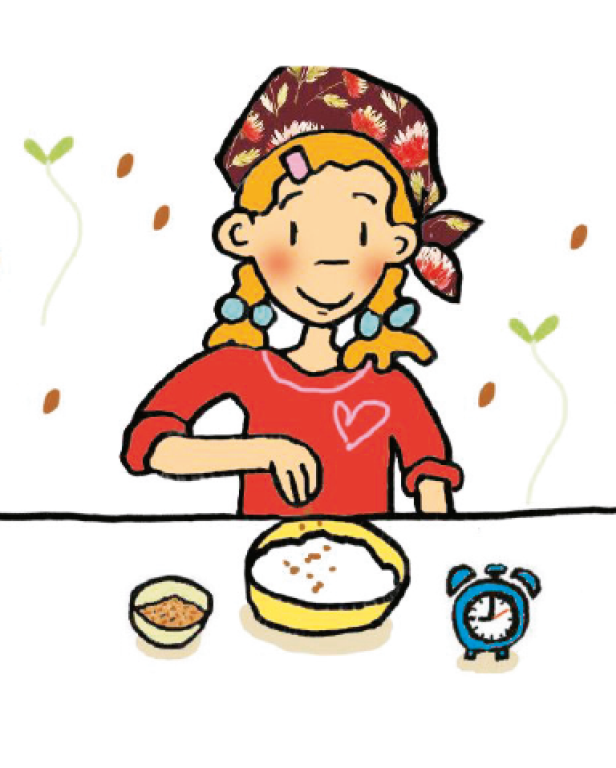 Ein Mädchen mit Kopftuch bereitet eine Mahlzeit zu, neben ihr stehen eine Schale und ein Wecker.
