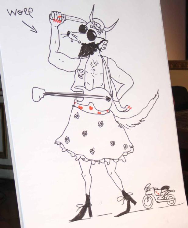 Eine Zeichnung von „Wolf“, einer Figur mit Hörnerhelm, Bart, Kleid und Gitarre, neben einem Motorrad.