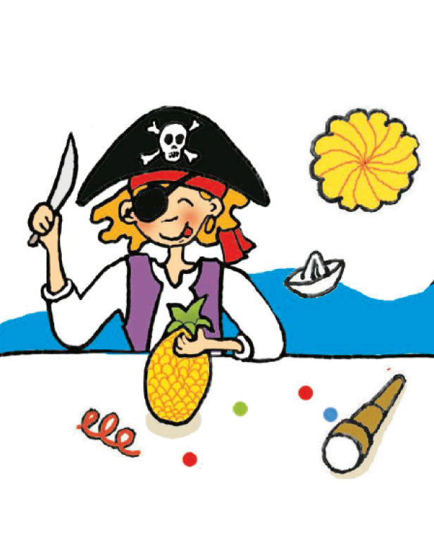 Eine Cartoon-Piratin mit Augenklappe hält ein Messer und eine Ananas in der Hand.