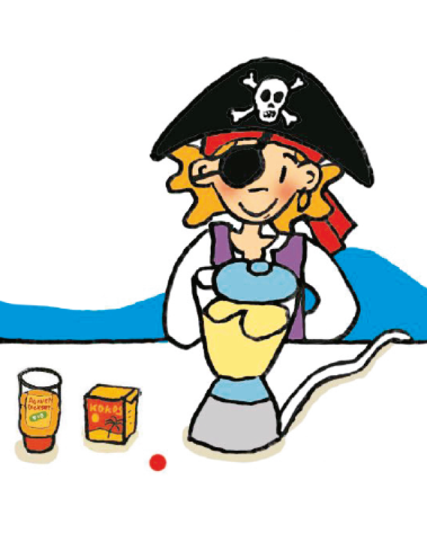 Eine Piratin bereitet mit einem Mixer einen Drink zu.