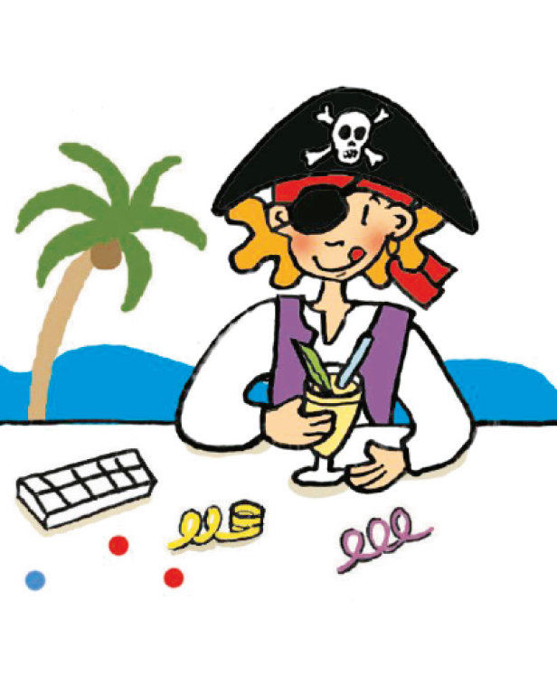Eine Piratin mit Augenklappe trinkt einen Cocktail am Strand.