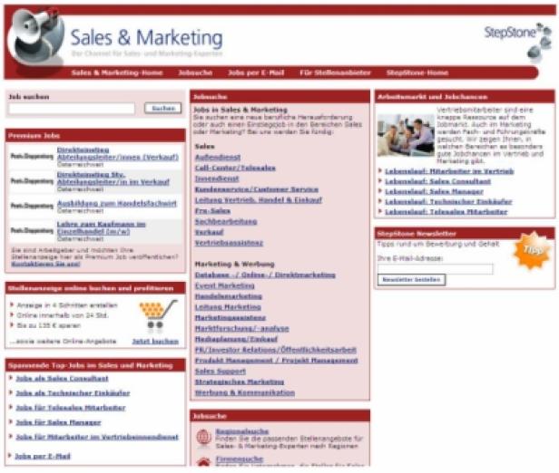 Die Webseite „Sales & Marketing“ von StepStone mit Suchfunktion und Jobangeboten.