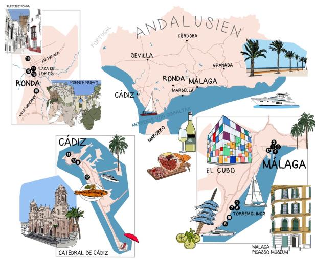 Eine illustrierte Karte von Andalusien mit Sehenswürdigkeiten in Städten wie Ronda, Málaga und Cádiz.
